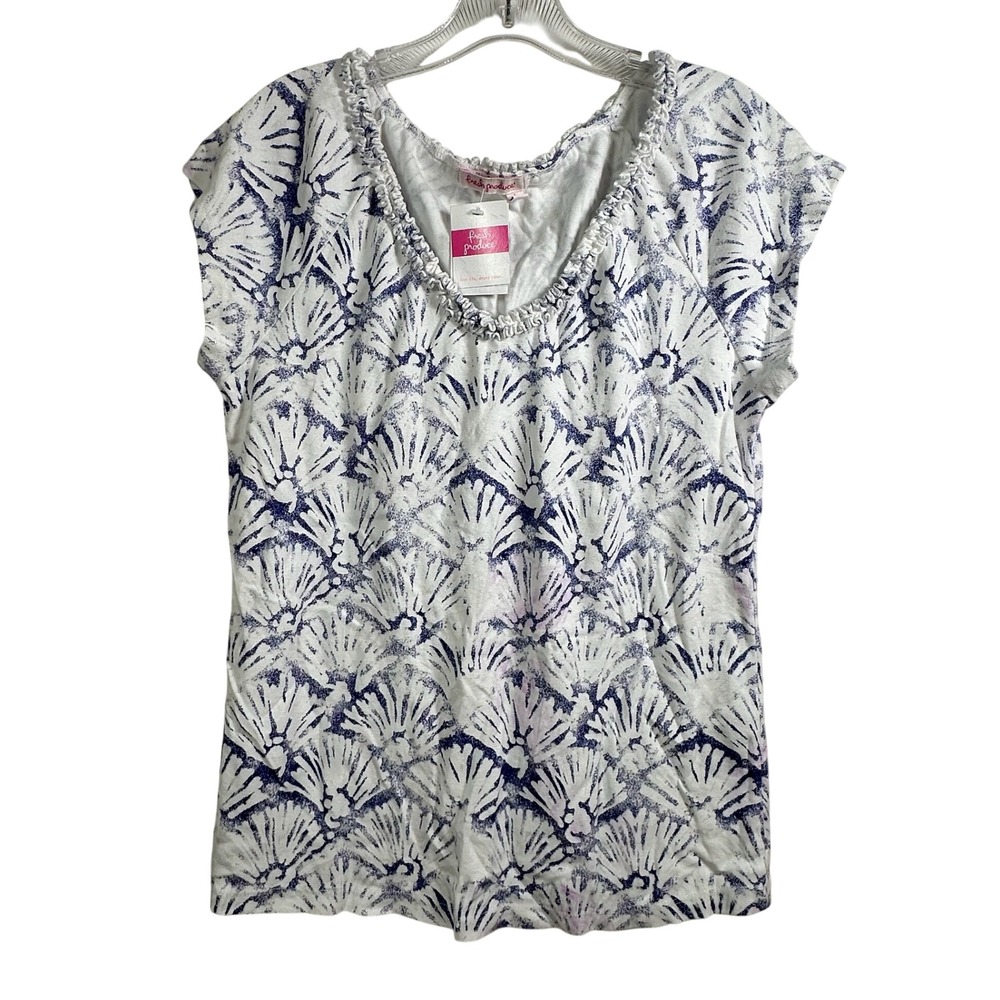 Fresh Produce Kelli Shells Ruffle V-Neck Top Blue White Coastal Large NWT Flaw